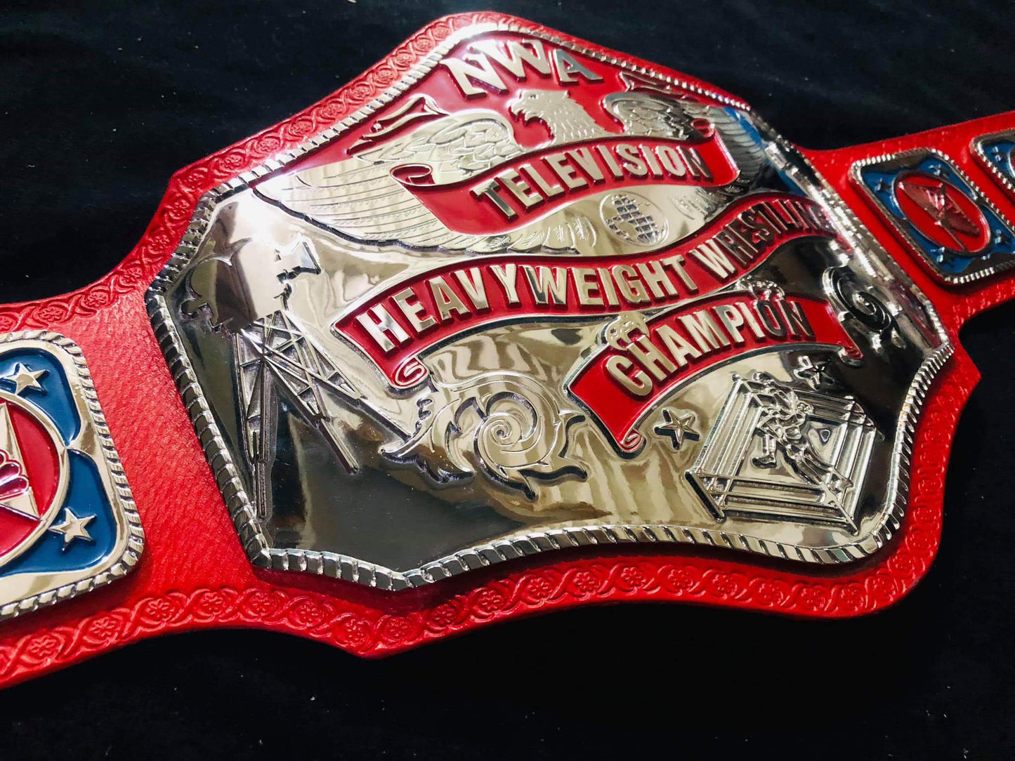 NWA Television Heavyweight Championship Title Belt Red Black Brass Zinc