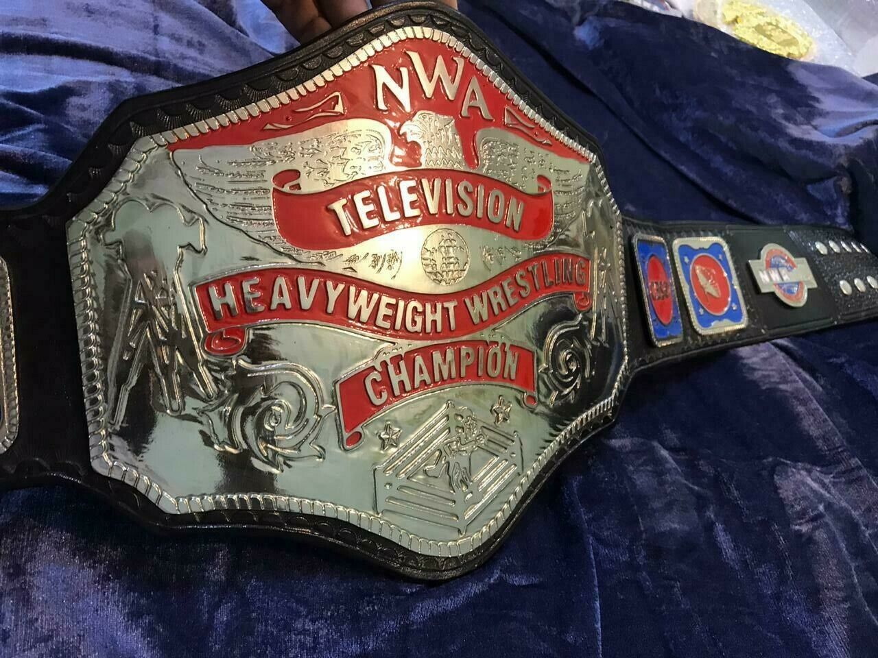 NWA Television Heavyweight Championship Title Belt Red Black Brass Zinc