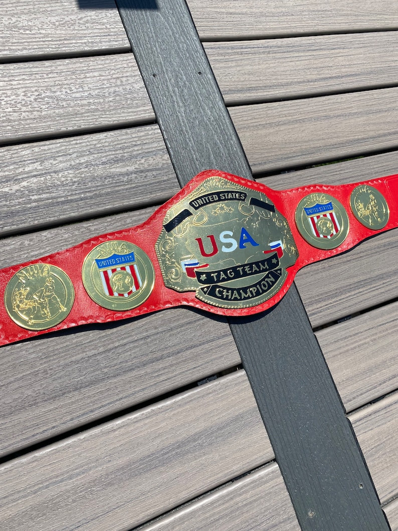 NWA United States Tag Team Championship Title Belt Red Strap Brass Zinc