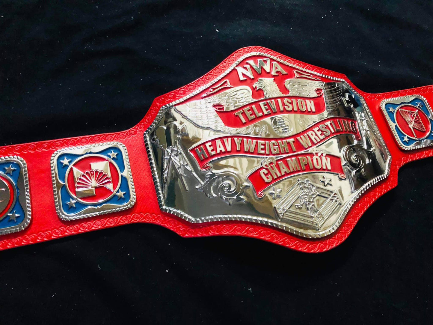 NWA Television Heavyweight Championship Title Belt Red Black Brass Zinc