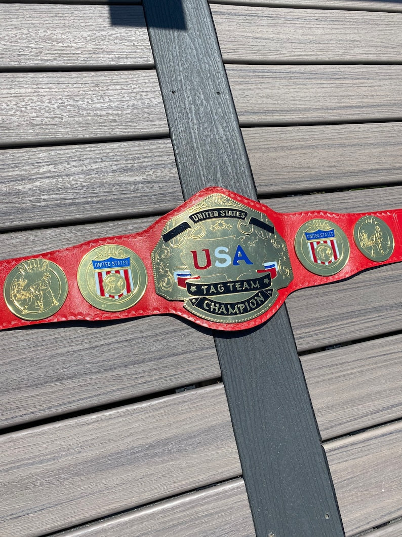 NWA United States Tag Team Championship Title Belt Red Strap Brass Zinc