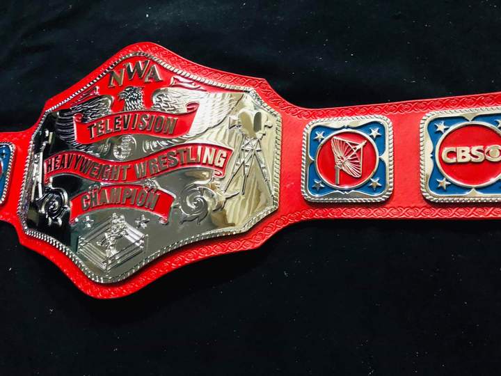 NWA Television Heavyweight Championship Title Belt Red Black Brass Zinc