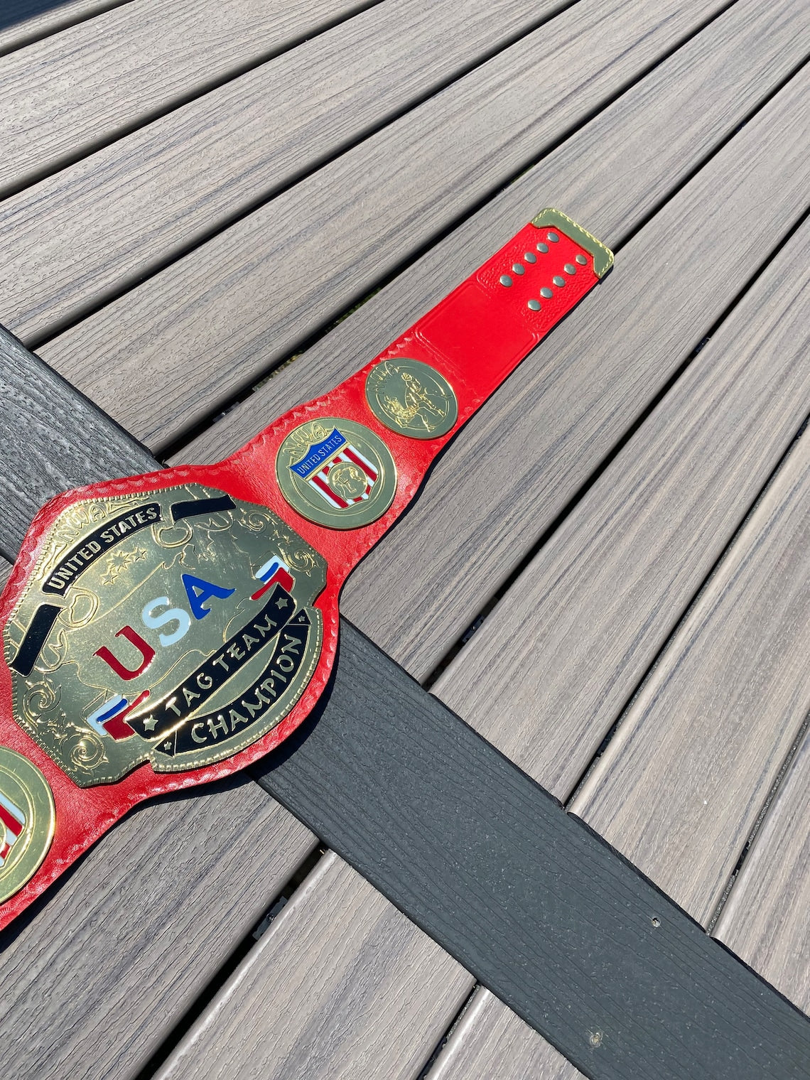 NWA United States Tag Team Championship Title Belt Red Strap Brass Zinc