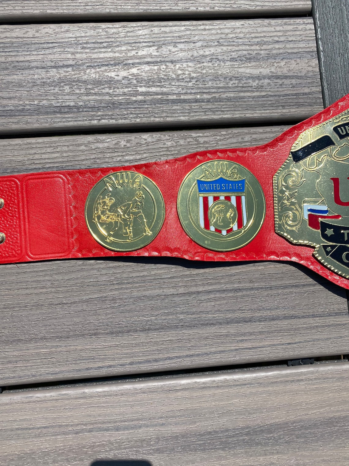 NWA United States Tag Team Championship Title Belt Red Strap Brass Zinc