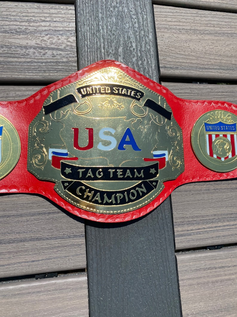 NWA United States Tag Team Championship Title Belt Red Strap Brass Zinc