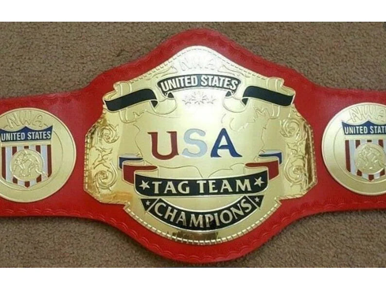 NWA United States Tag Team Championship Title Belt Red Strap Brass Zinc